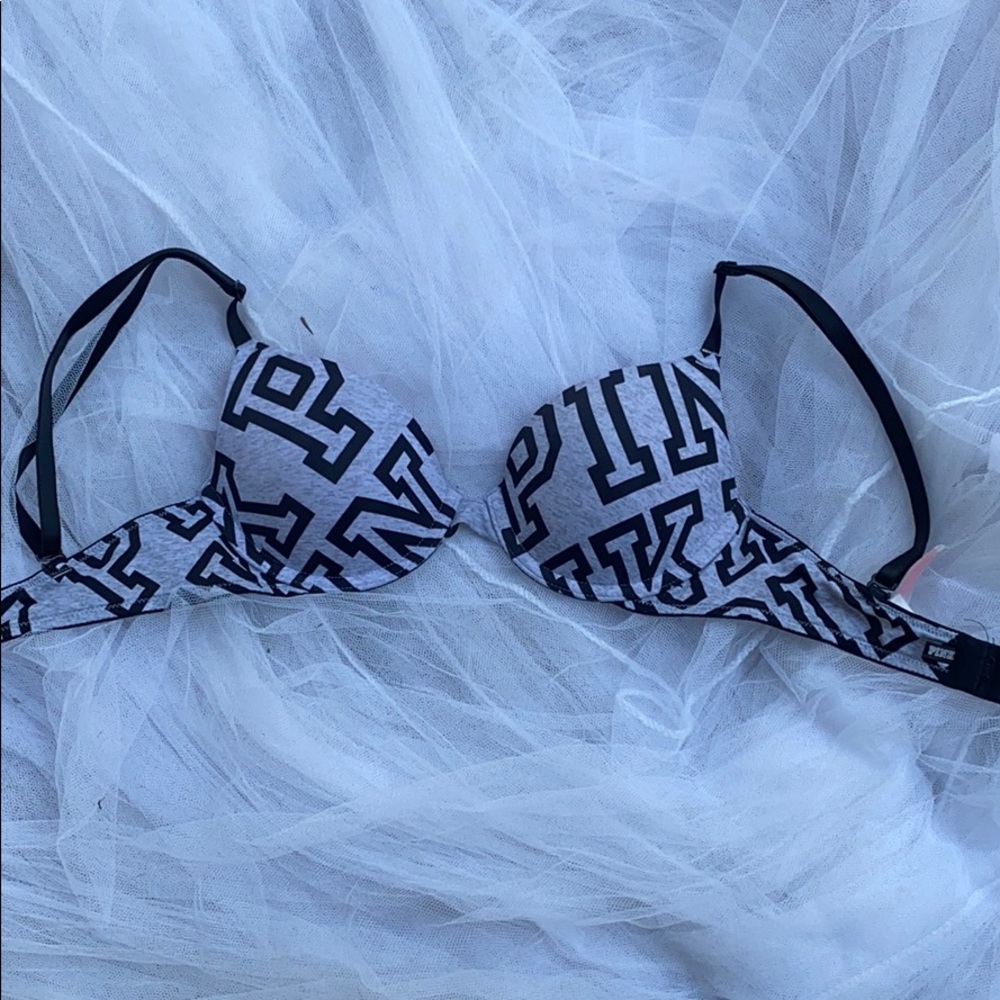 Gray PINK bra, with black print.